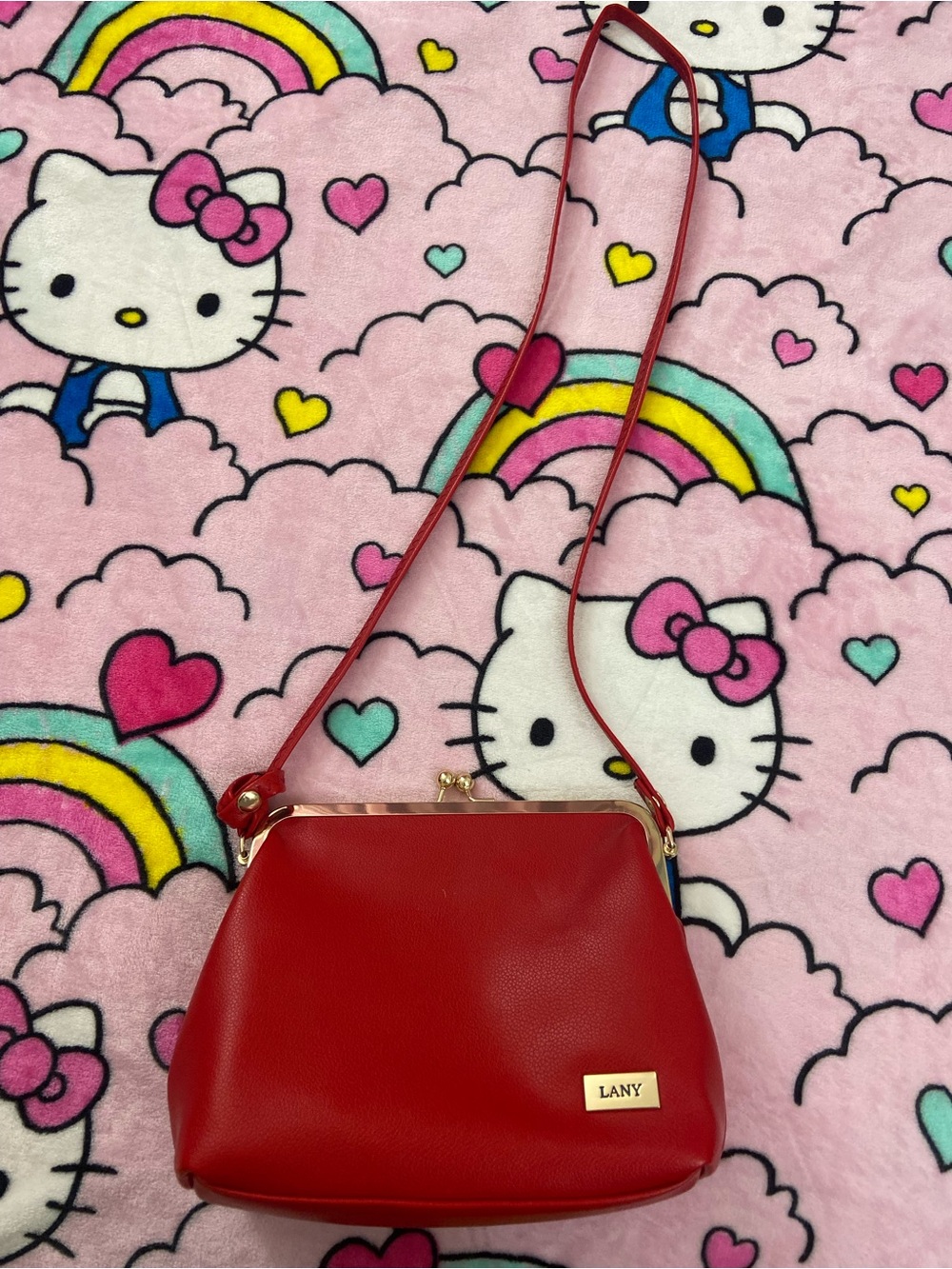 Lany Red Leather-Style Kiss-Lock Shoulder Bag